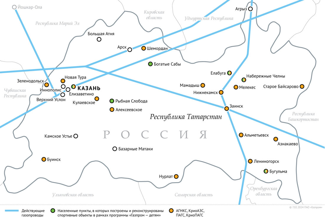 Схема газопроводов в Республике Татарстан