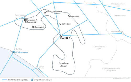 Схема магистральных газопроводов в Республике Адыгея