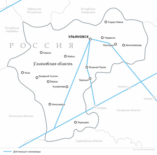 Схема газопроводов в Ульяновской области